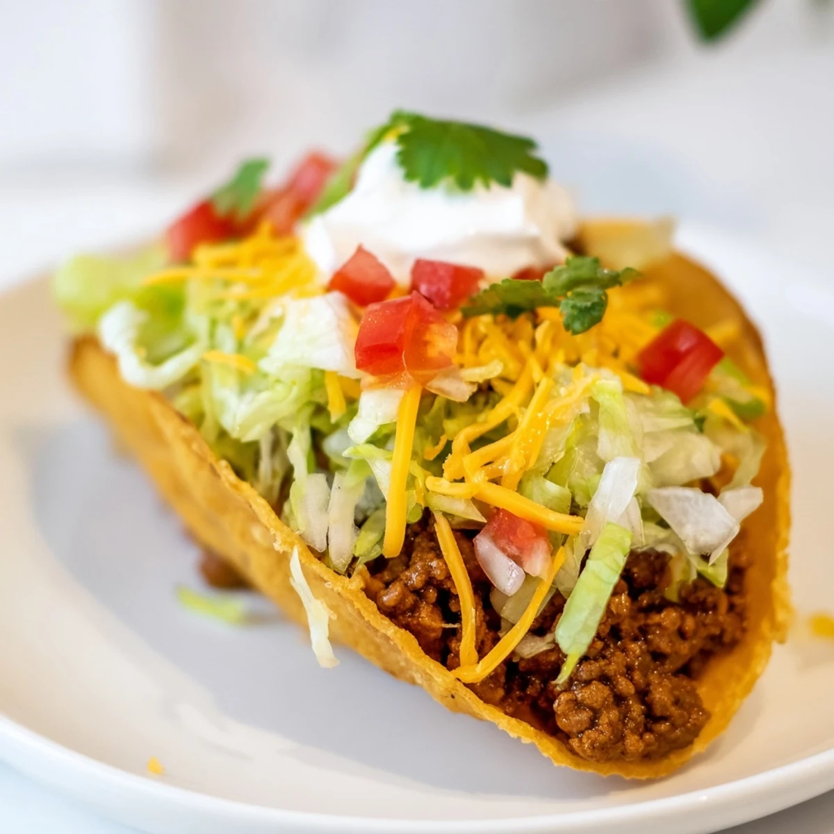 Golden hard taco shells brimming with seasoned ground beef, shredded lettuce, and diced tomatoes are ready for toppings.