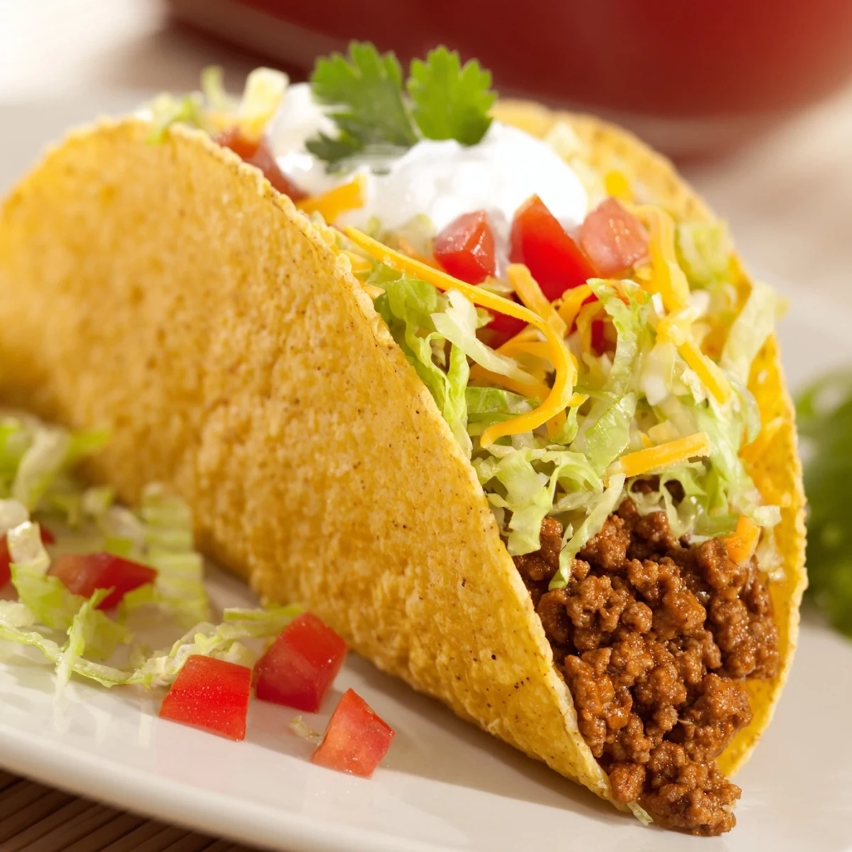 Easy Beef Tacos with hard shells served with lime wedges, black olives, and all the fixings for taco night.