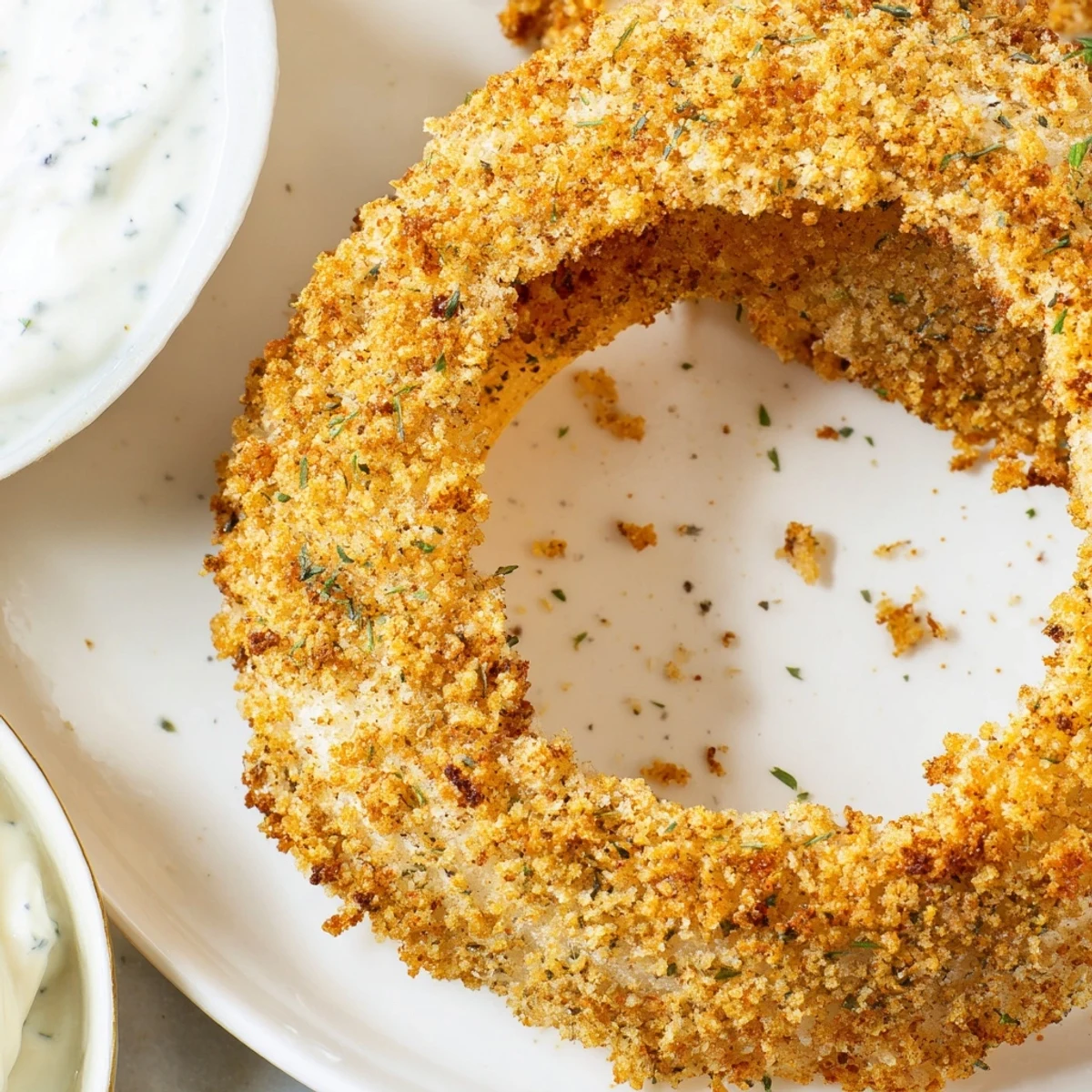 Freshly baked Crispy Baked Onion Rings with Ranch sit on a plate with a side of green herbs, perfect for snacking.