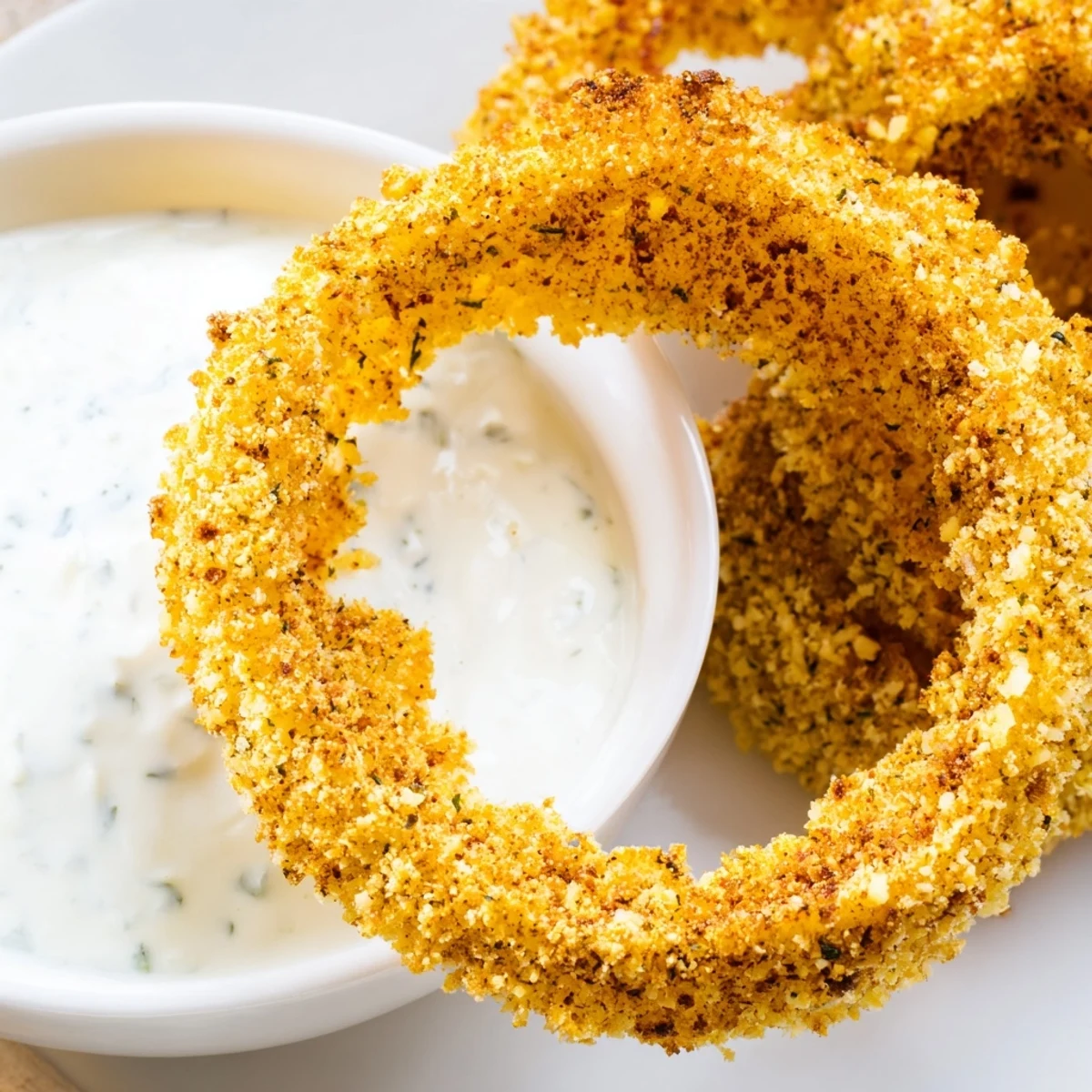 Rustic platter of Crispy Baked Onion Rings with Ranch featuring crunchy panko coating and creamy dip, ideal for a game day spread.