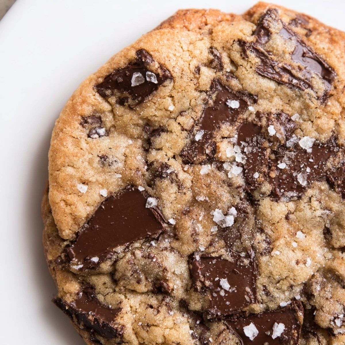 Freshly baked Chocolate Chip Cookies with Sea Salt on a cooling rack, the edges golden and centers chewy, with melty chocolate chunks and sparkling salt.