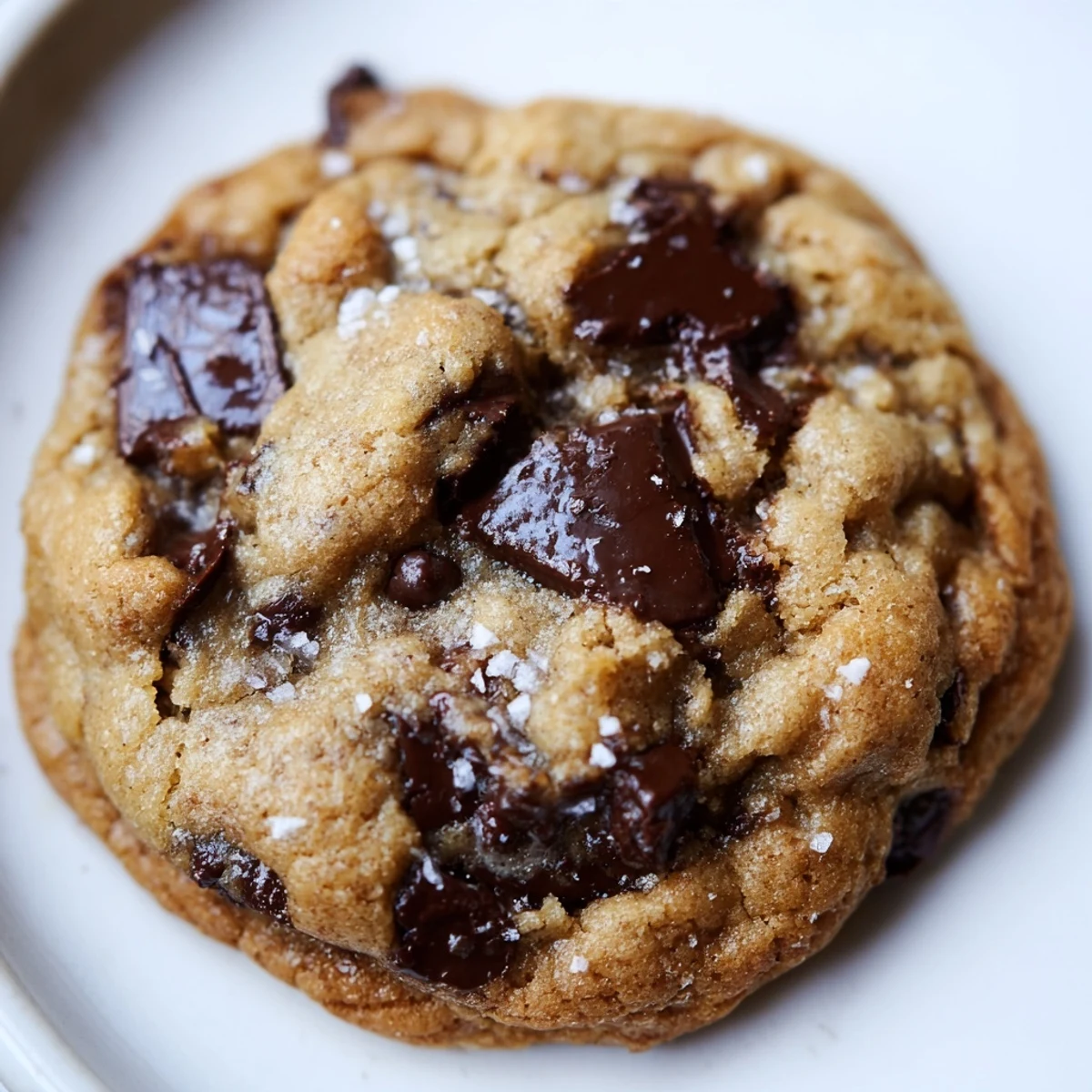 Close-up of a warm Chocolate Chip Cookies with Sea Salt, cracked to reveal gooey chocolate, a generous sprinkle of flaky salt for sweet-salty balance.