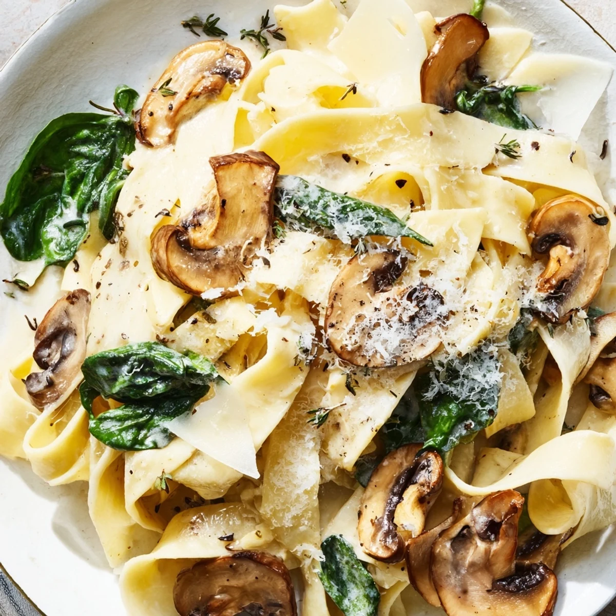 Creamy Mushroom and Spinach Pasta twirled on a fork with a rich, velvety sauce and fresh greens.