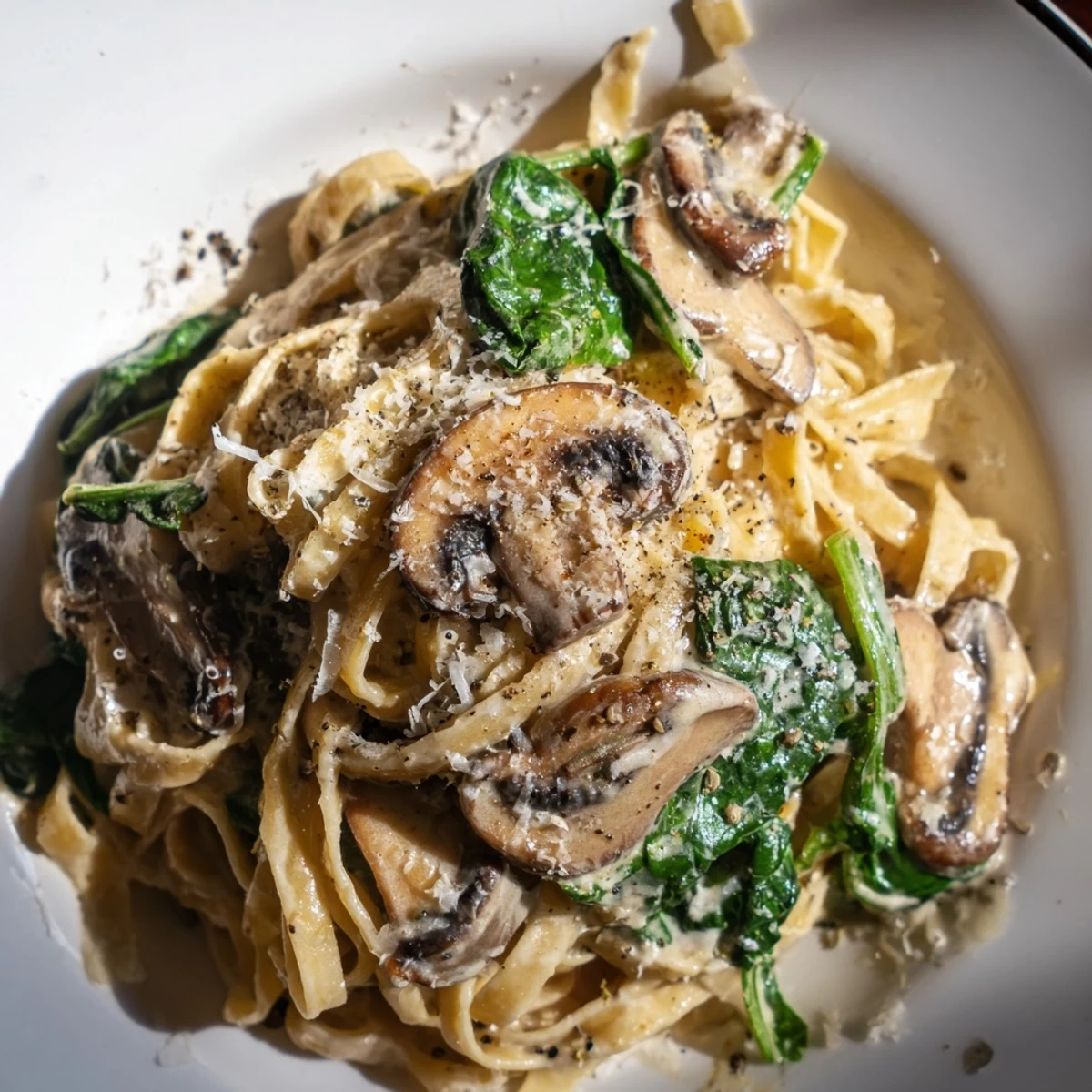 A steaming skillet of Creamy Mushroom and Spinach Pasta beside crusty bread, ready for weeknight dinner.
