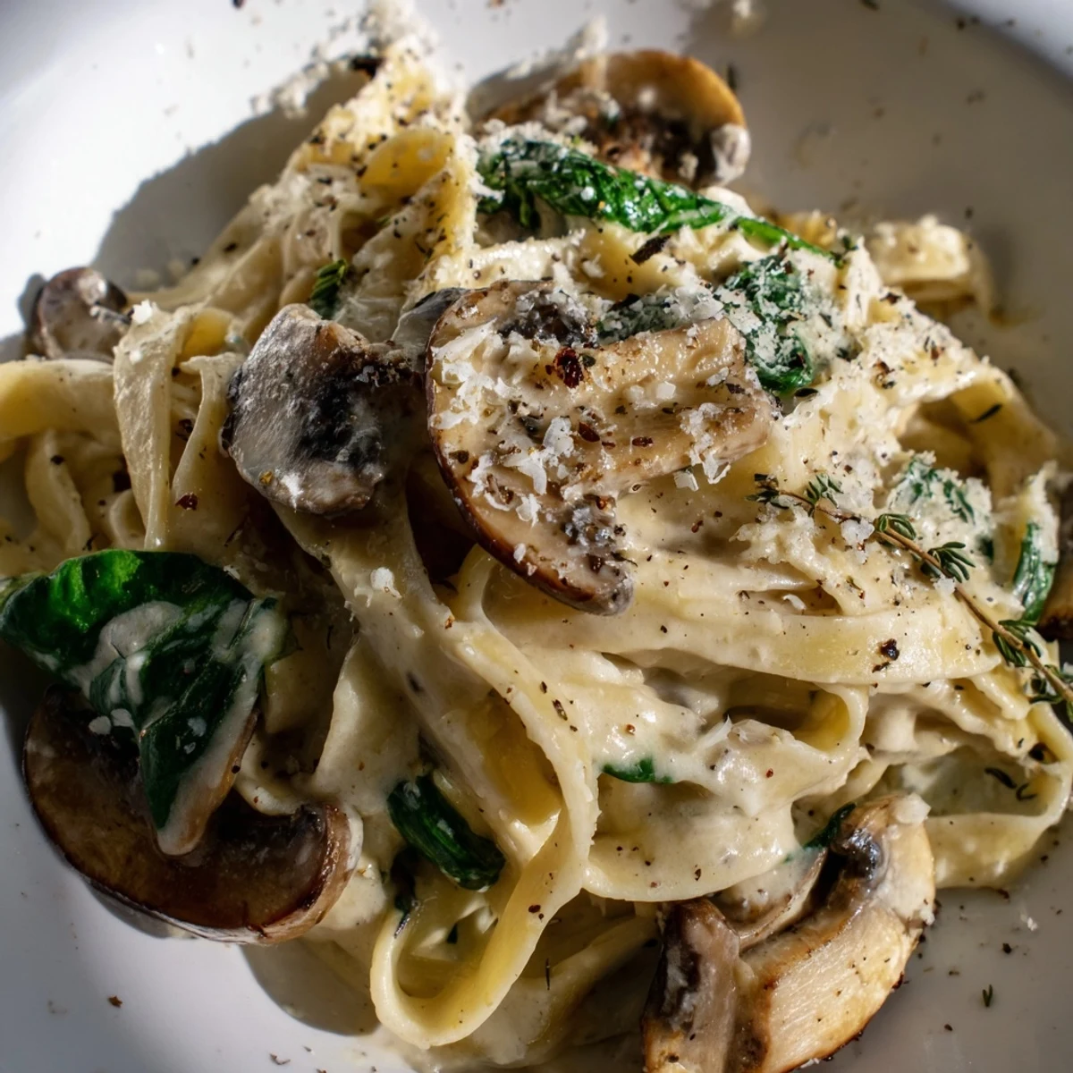 Fettuccine coated in a luscious Creamy Mushroom and Spinach Pasta sauce, garnished with grated Parmesan.