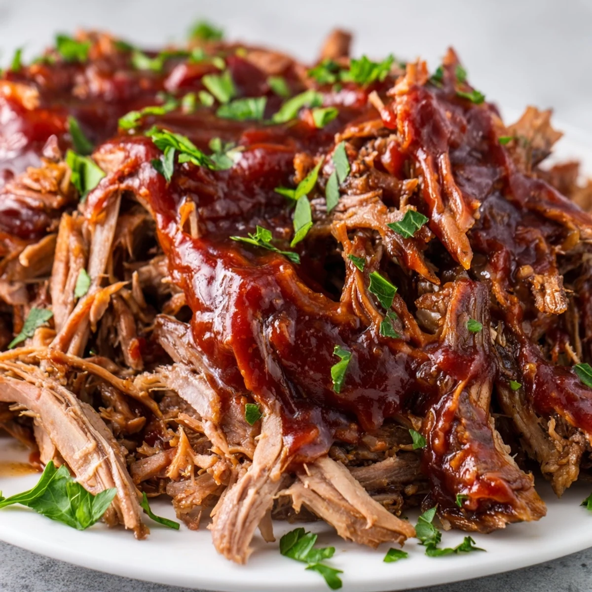 Sliced Slow Cooker Beef Brisket with BBQ Sauce, tender and glistening, ready for sandwiches.