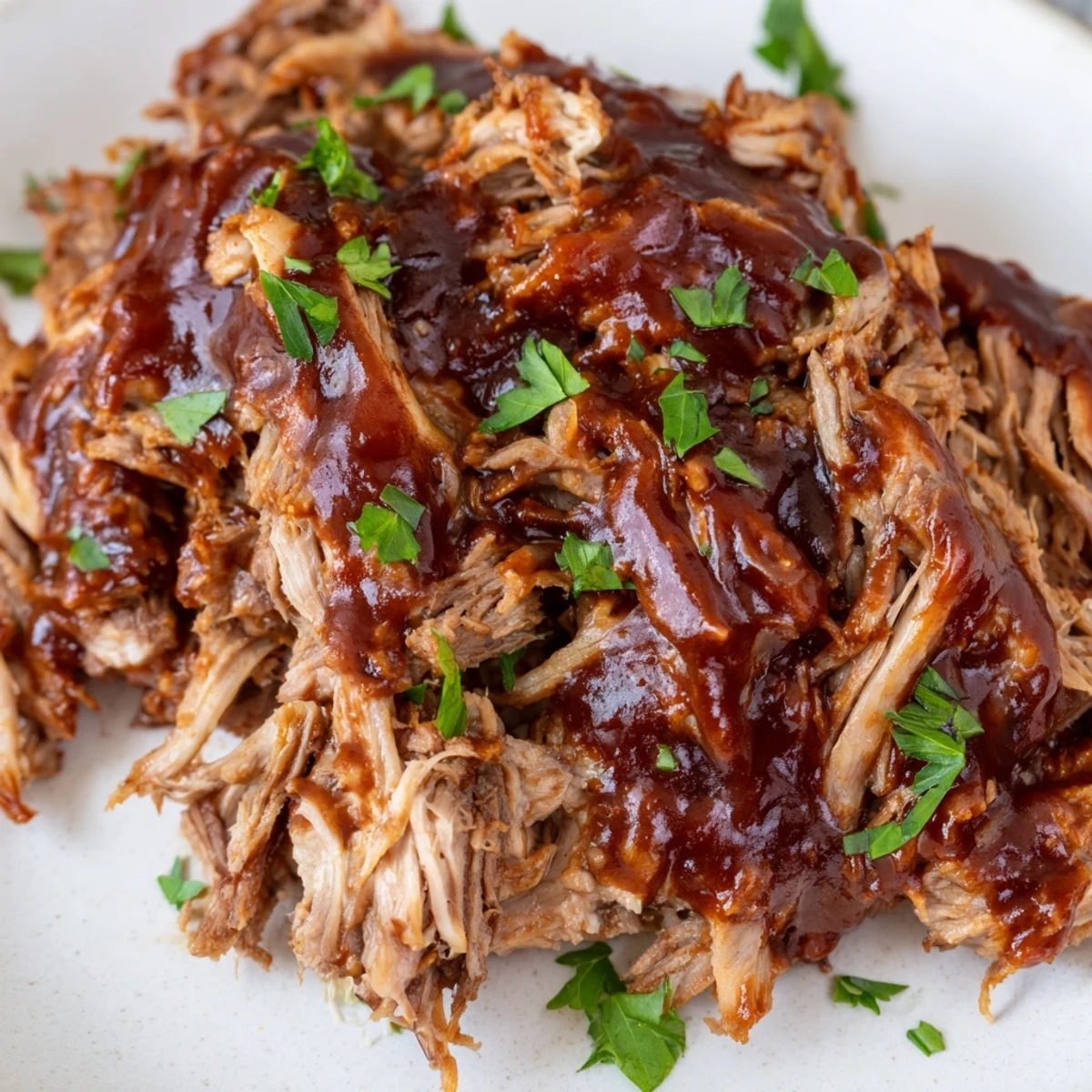 Slow Cooker Beef Brisket with BBQ Sauce, garnished with parsley and served with pickles.