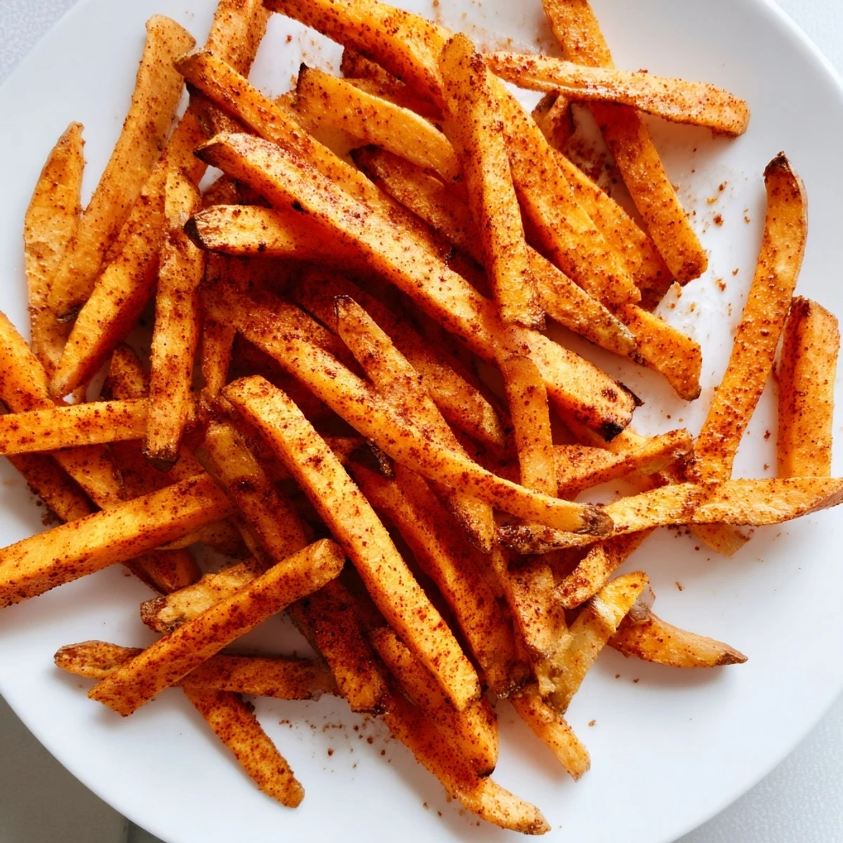 A close-up of seasoned Crispy Air Fryer Sweet Potato Fries, showcasing their crispy edges and fluffy centers.