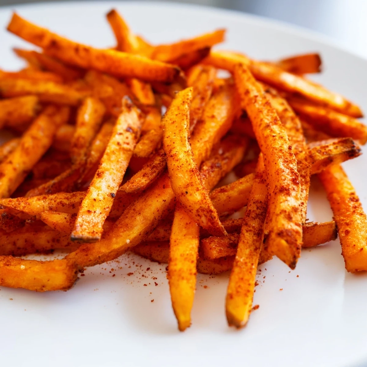 Healthy, delicious Crispy Air Fryer Sweet Potato Fries stacked high, ready to be dipped in your favorite sauce.