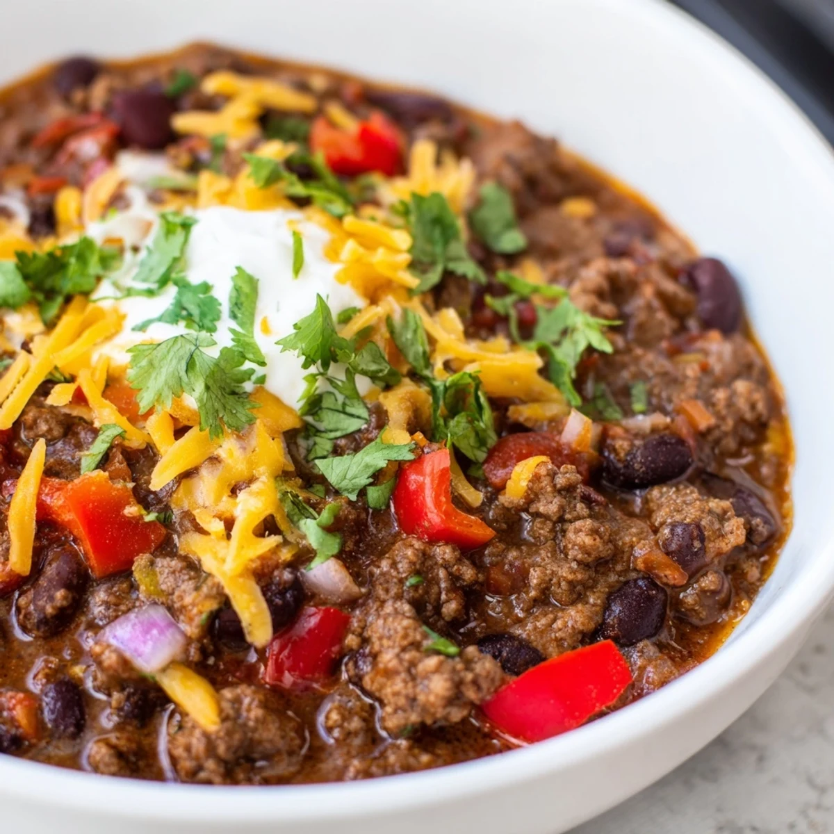 A comforting bowl of Slow Cooker Chili with Ground Beef and Beans topped with shredded cheddar cheese and sour cream.