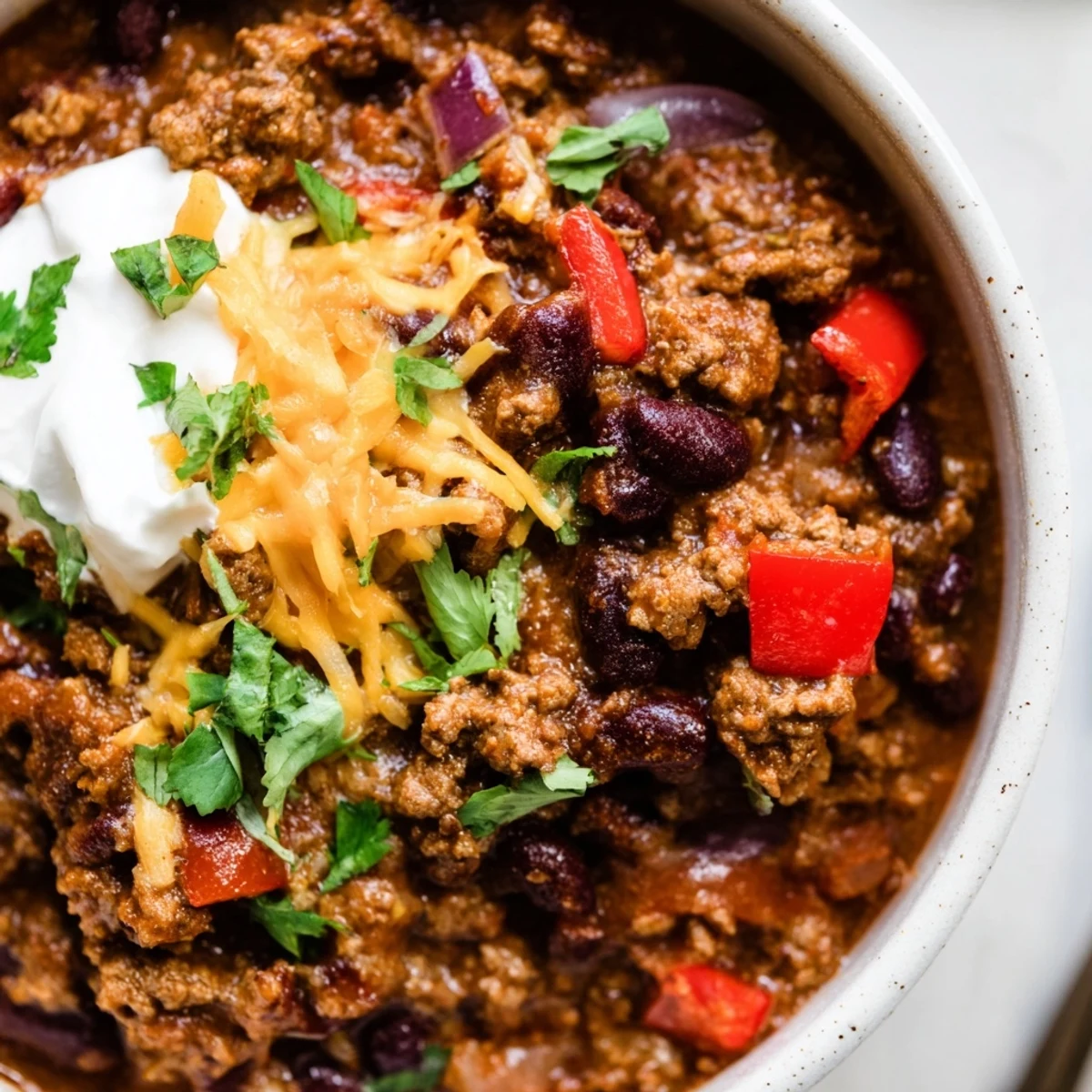 Steamy Slow Cooker Chili with Ground Beef and Beans served in a rustic bowl garnished with fresh cilantro.