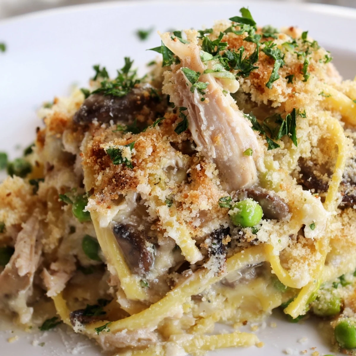 Golden, bubbly Turkey Tetrazzini with mushrooms and peas fresh from the oven in a baking dish.