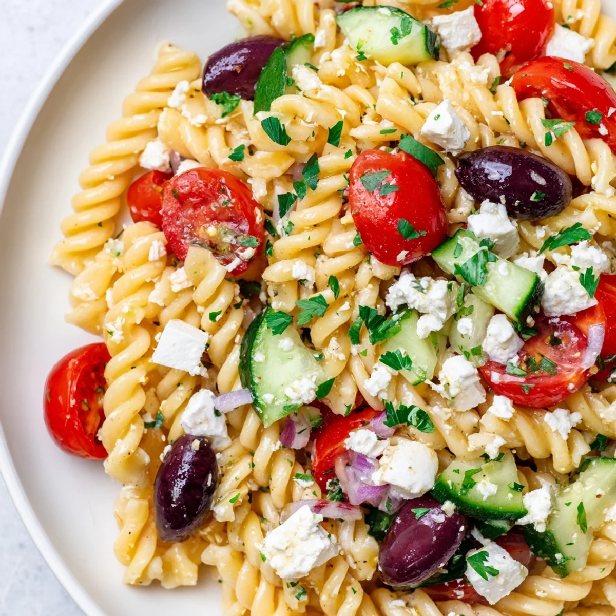 Colorful Mediterranean Pasta Salad with Kalamata Olives, bell peppers, and cherry tomatoes tossed in a zesty vinaigrette.