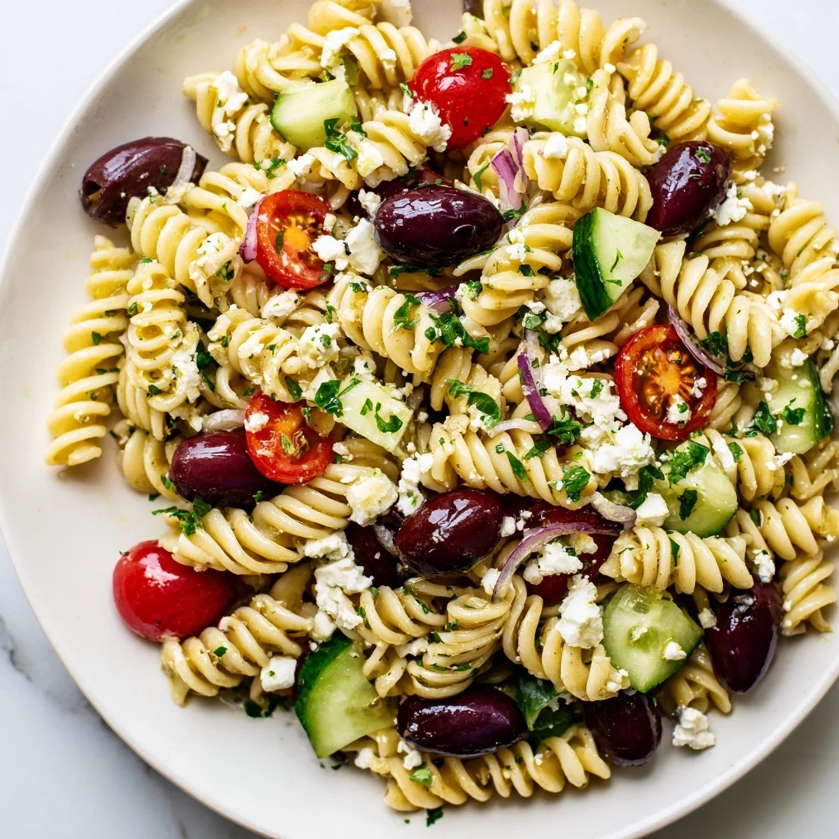 Chilled Mediterranean Pasta Salad with Kalamata Olives, red onion, and fresh herbs, perfect for a summer picnic.