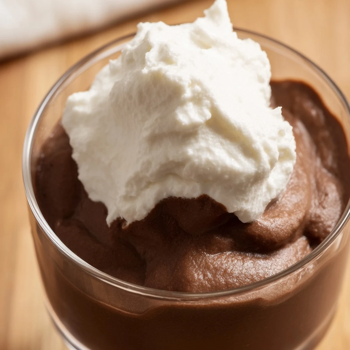 Close up of Chocolate Mousse with Homemade Whipped Cream showing silky texture in a serving glass.