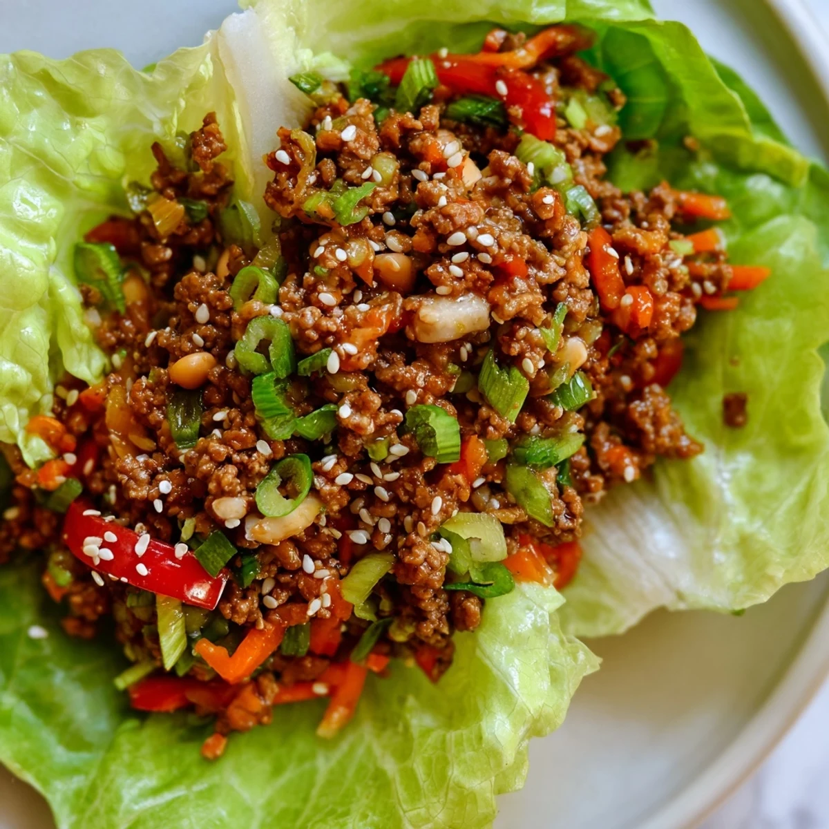Crumbled beef in a sweet-savory hoisin glaze topped with sesame seeds, nestled in buttery lettuce leaves for easy hand-held eating.