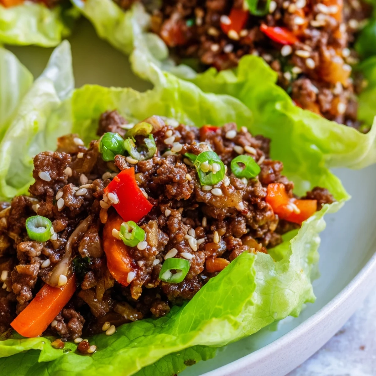Sizzling skillet beef tossed with red bell pepper, scallions, and water chestnuts, served in chilled lettuce wraps with extra greens.