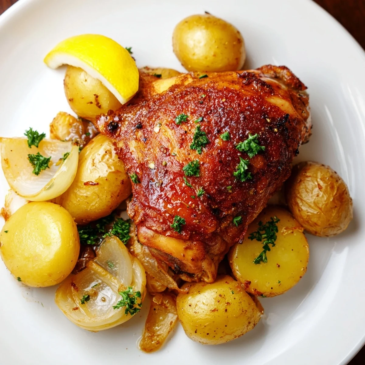 Golden crispy skin on Lemon Garlic Roasted Chicken Thighs with Potatoes, garnished with fresh parsley and lemon wedges on a dark plate.