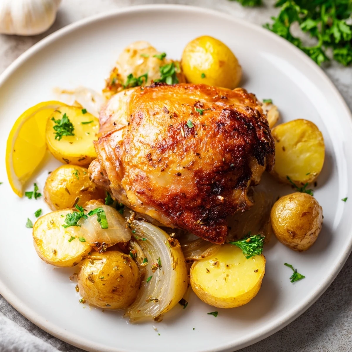 Juicy, herb-seasoned Lemon Garlic Roasted Chicken Thighs with Potatoes, bubbling in a skillet next to lemon slices and crusty bread.