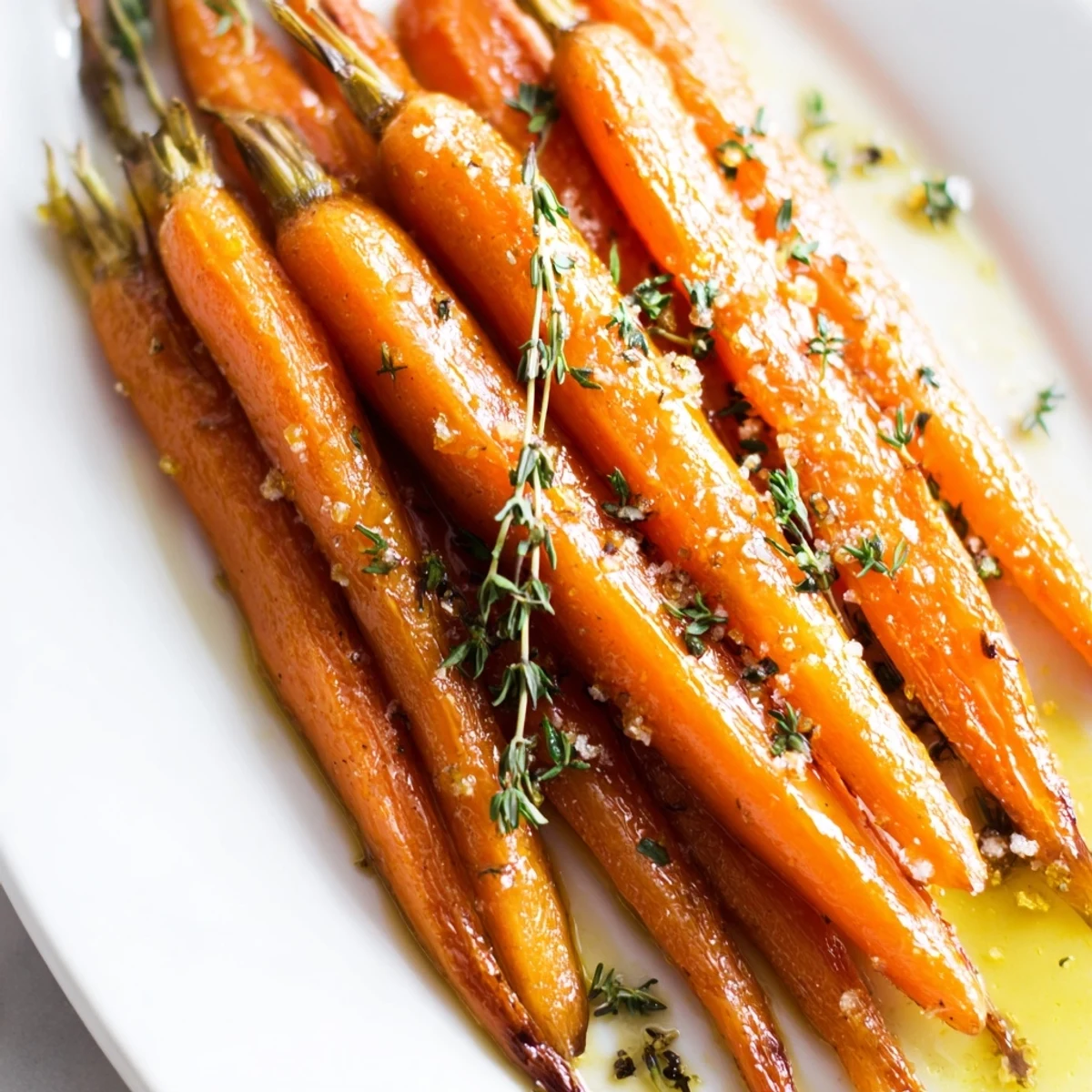 Golden roasted carrots with honey and fresh thyme glazed and glistening on a white ceramic platter.