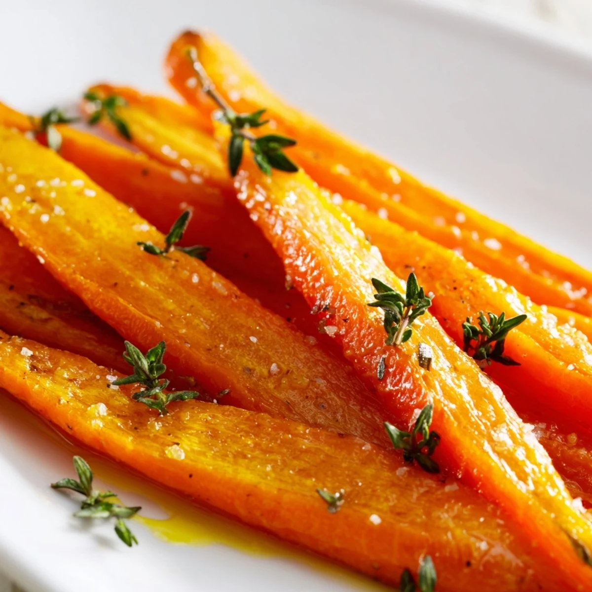 Tender carrots roasted with honey and thyme served warm alongside a rustic roasted chicken dinner.