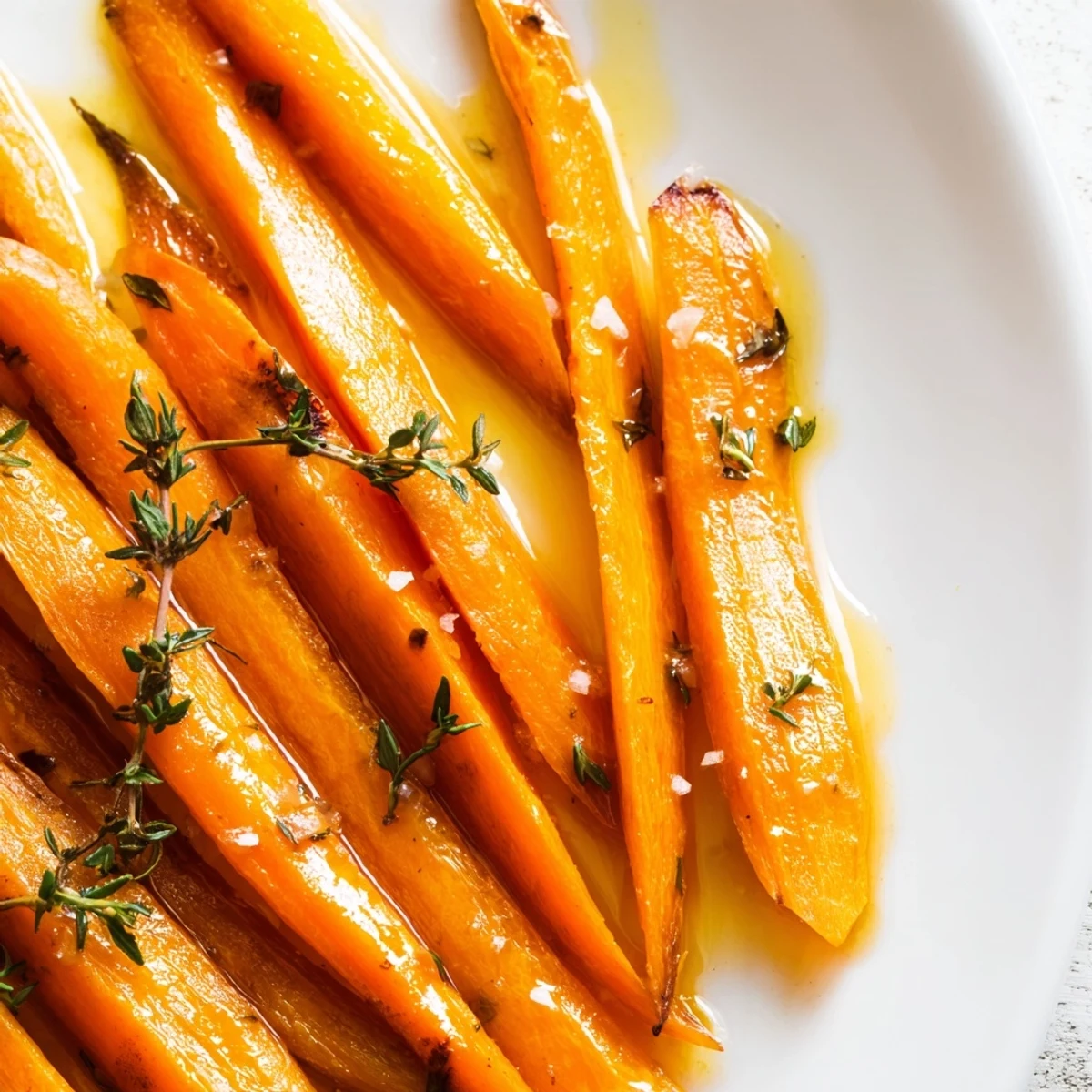 Caramelized roasted carrots with honey and fresh thyme garnished with sprigs on a wooden serving board.
