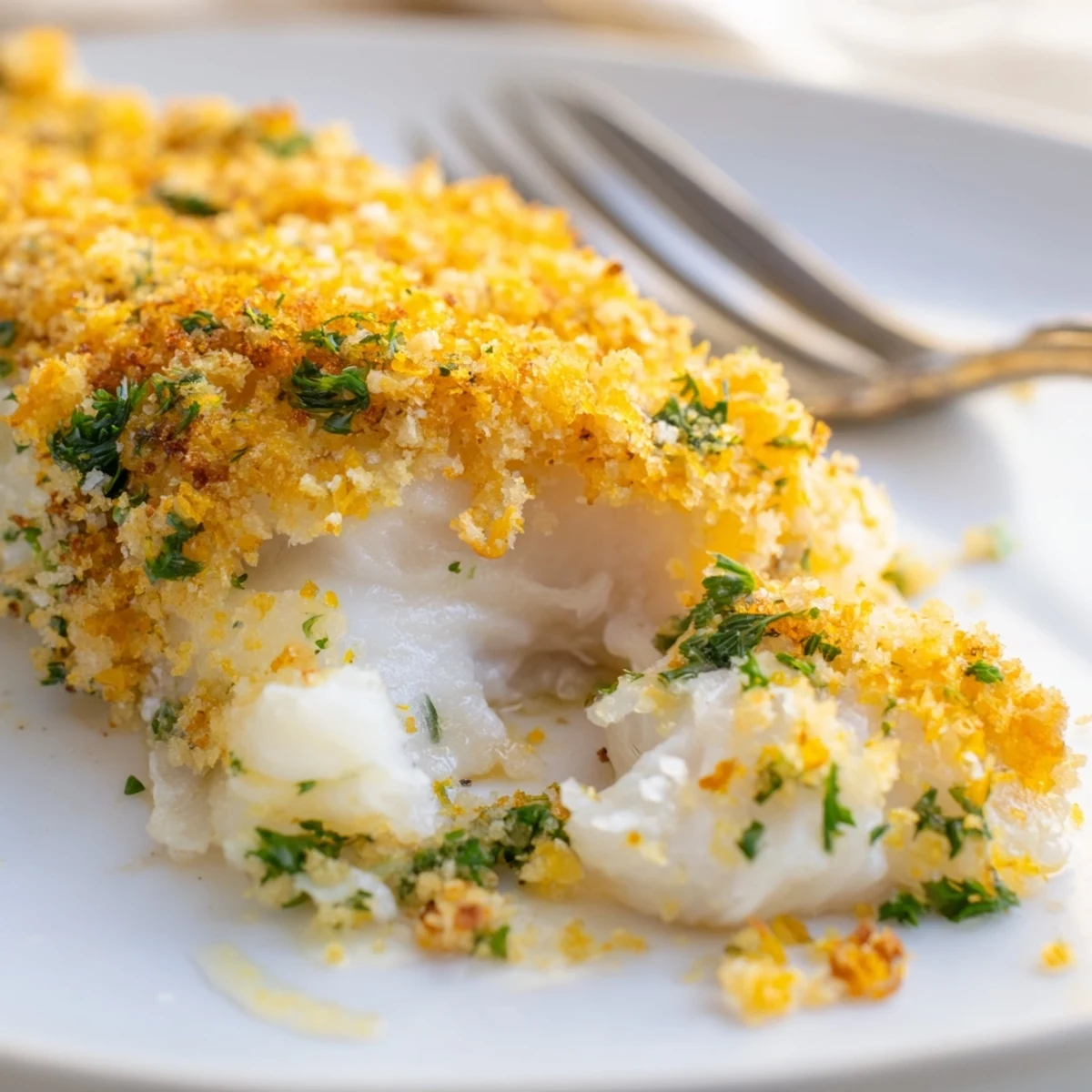 Golden-brown Baked Cod with Buttery Cracker Crumb Topping in a white baking dish, garnished with fresh parsley.