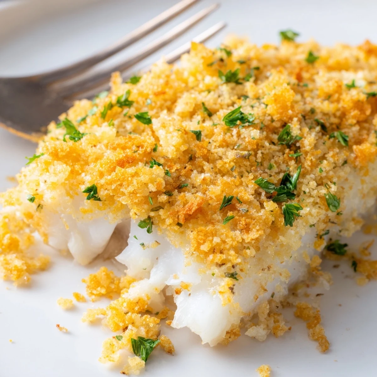 Close-up of flaky Baked Cod with Buttery Cracker Crumb Topping showing a crisp, golden crust and lemon zest.