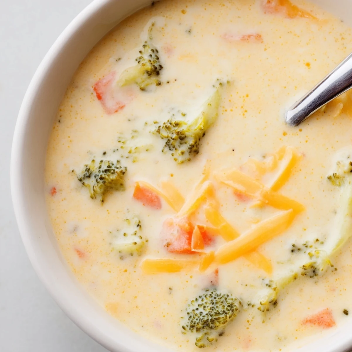 Vibrant green broccoli florets and melted sharp cheddar swirl through velvety soup, with toasted crusty bread ready for dipping.
