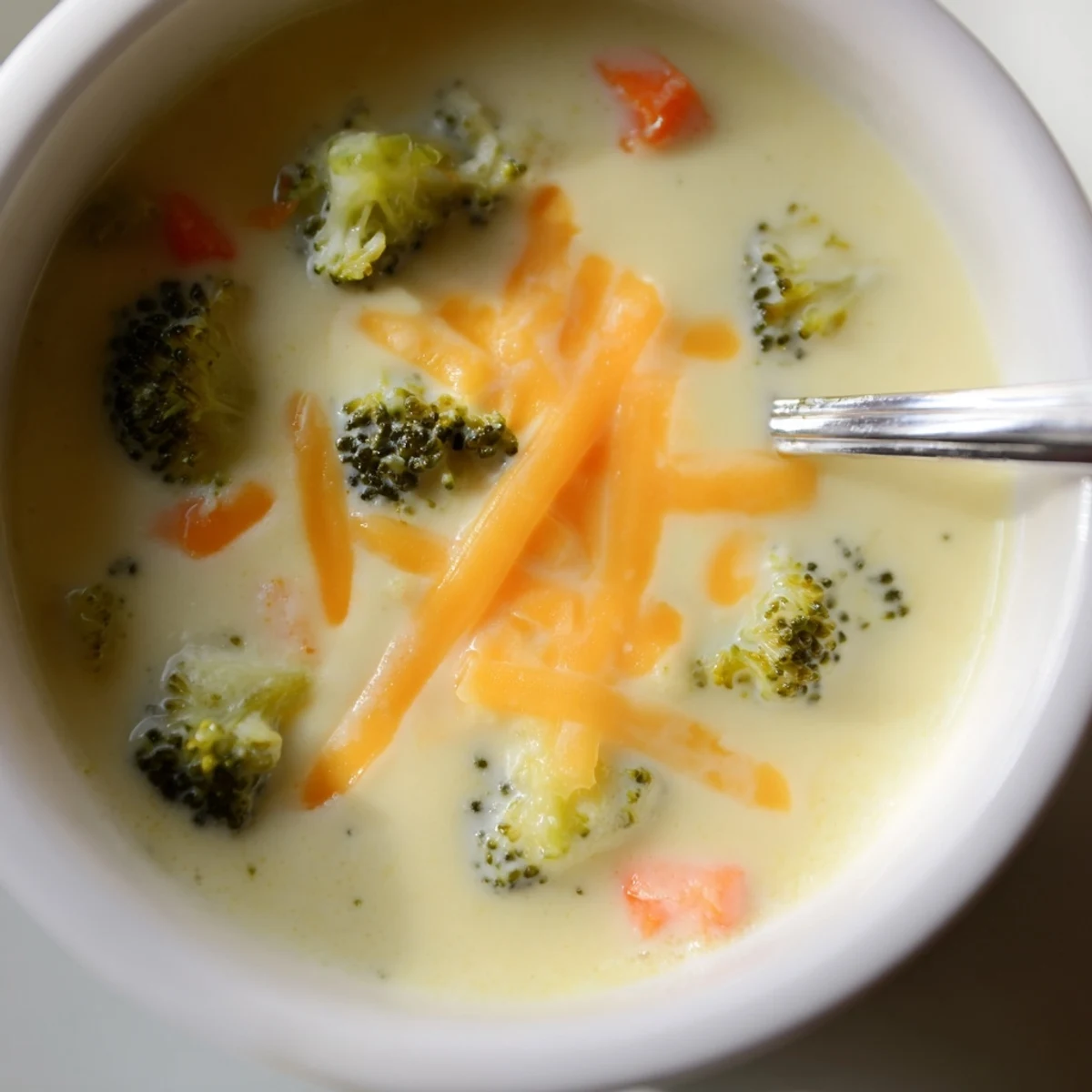 Creamy Broccoli Cheddar Soup with Crusty Bread is ladled steaming hot into a rustic bowl, next to golden, buttery toast.