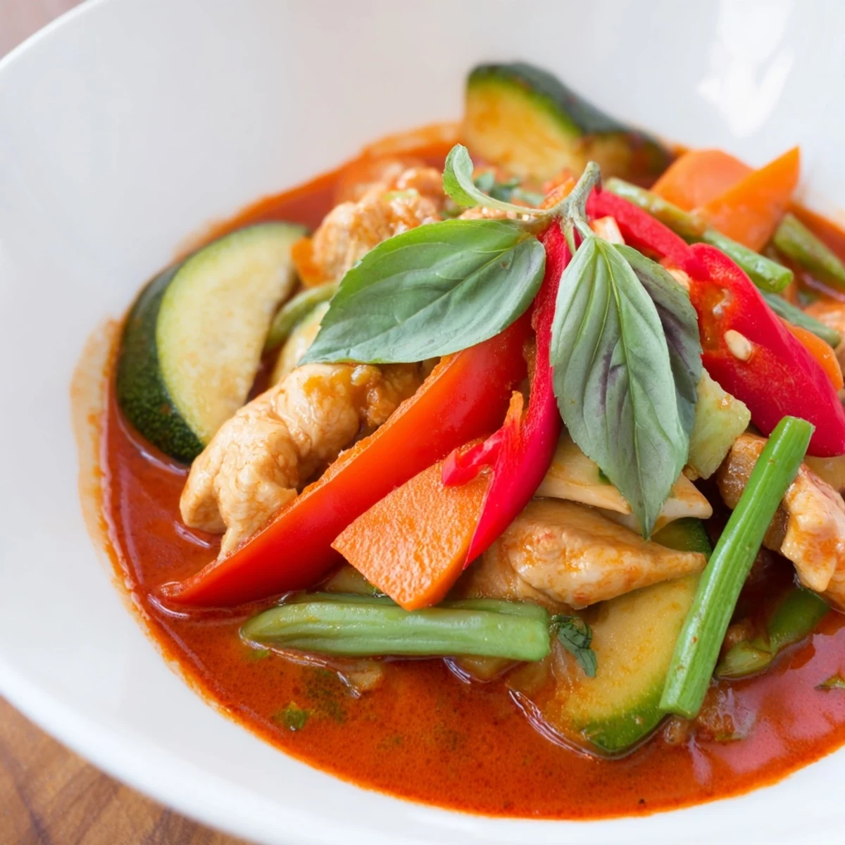 Spicy Thai Red Curry with Chicken and Vegetables simmering in a creamy coconut sauce, garnished with Thai basil.