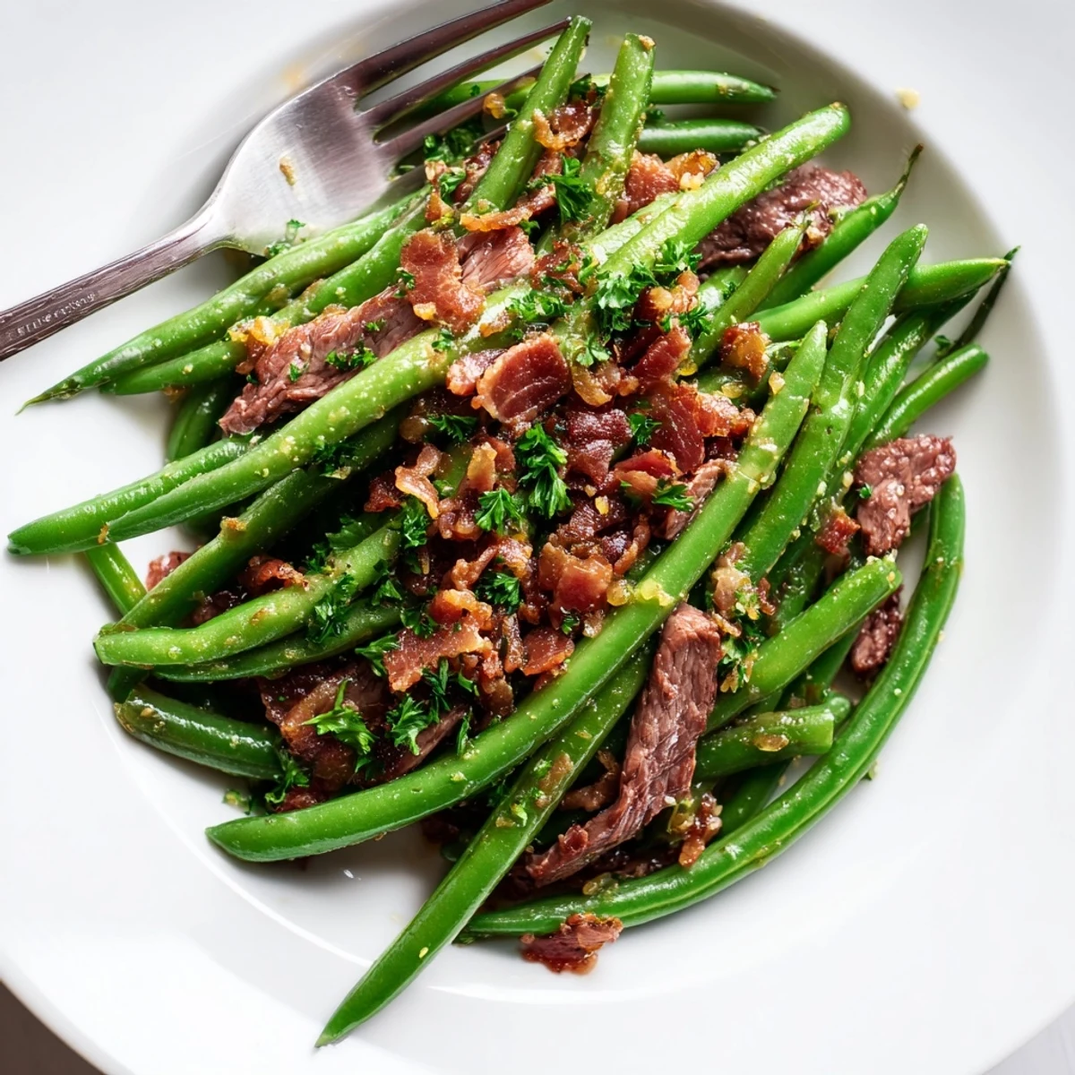 Golden-brown beef strips and crispy bacon mingle with blanched green beans in a zesty lemon-garlic sauce.