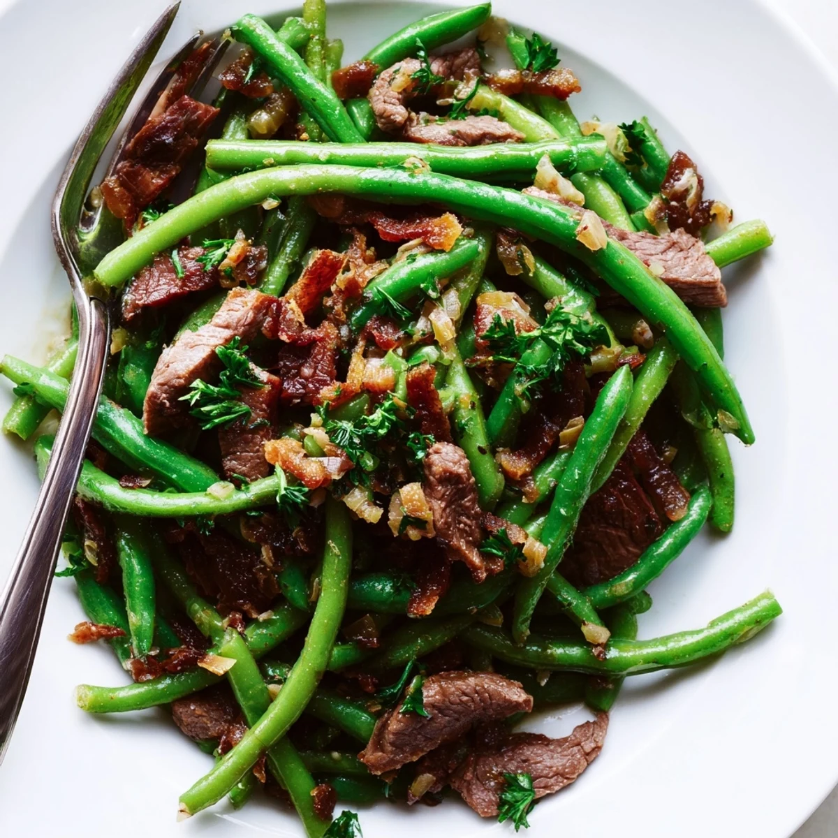 Sizzling skillet of Lemon Garlic Green Beans with Bacon Beef served warm, ideal as a gluten-free main dish.