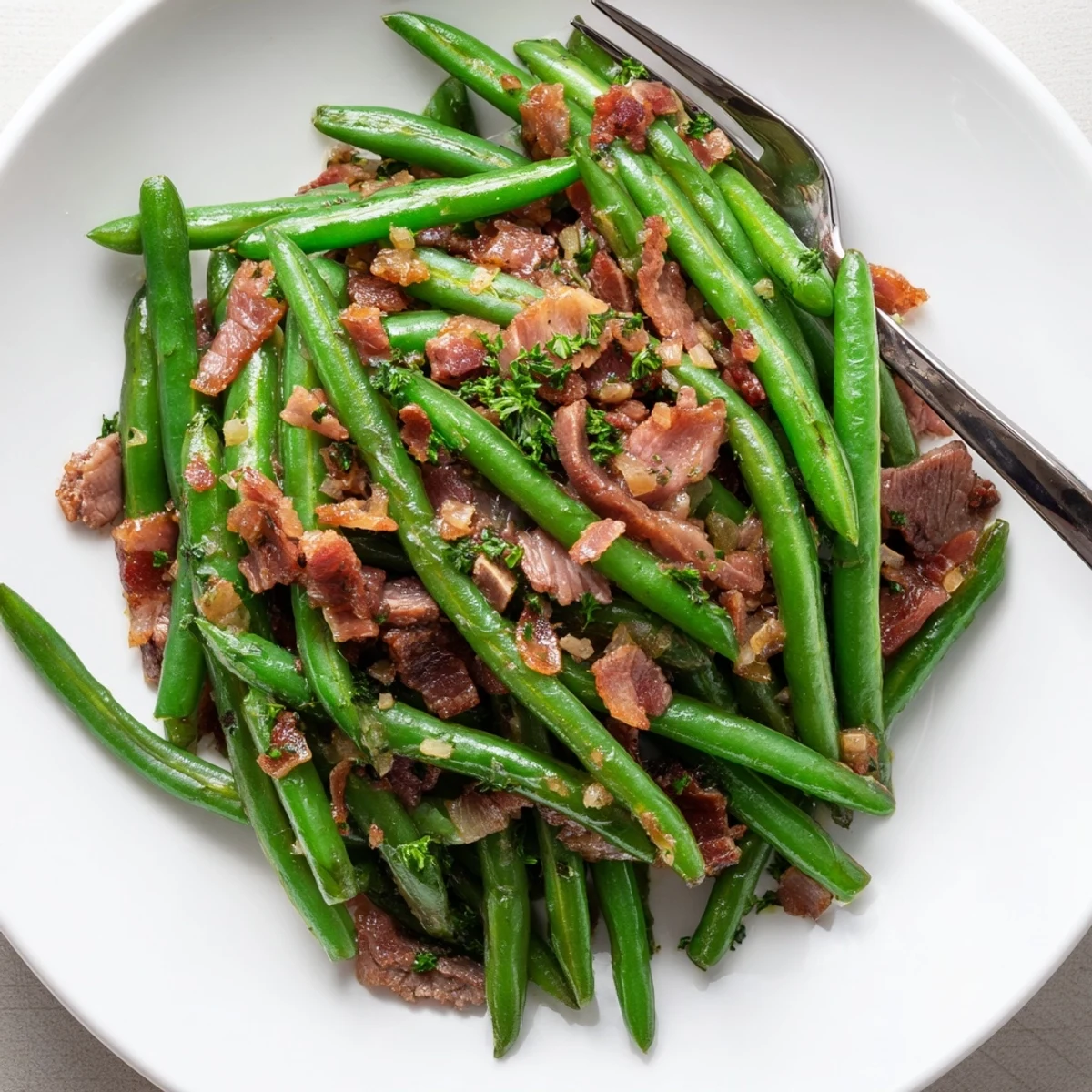 Hearty Lemon Garlic Green Beans with Bacon Beef is plated, garnished with fresh parsley for a vibrant meal.