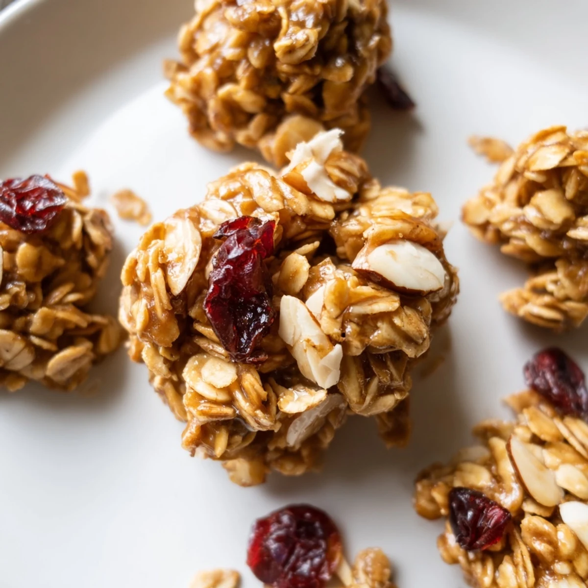 Freshly baked Cranberry Almond Granola Clusters cooling on a parchment-lined tray, showcasing golden oats, sliced almonds, and bright red cranberries.