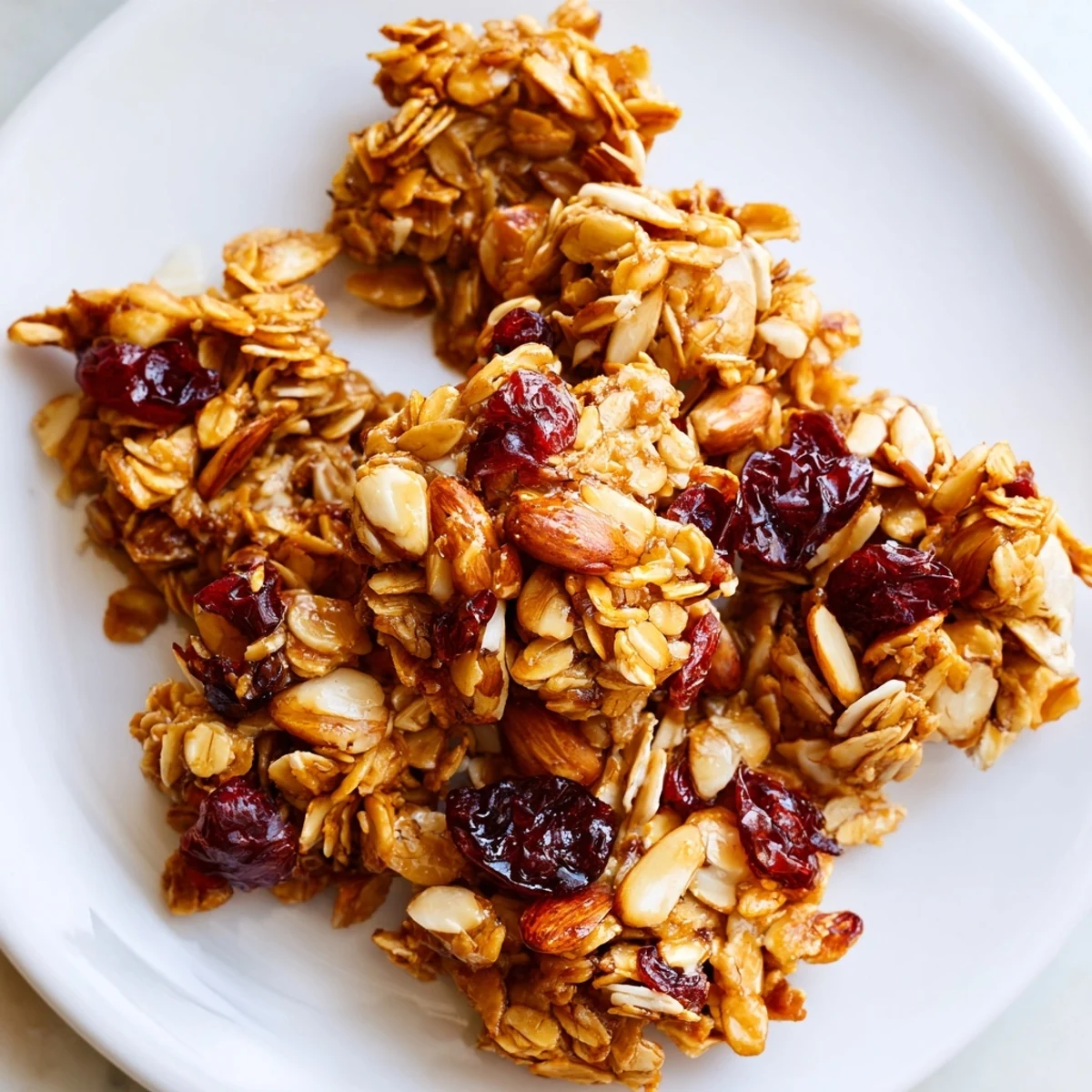 Hand holding a single golden Cranberry Almond Granola Cluster with oats, sliced almonds, and tart dried cranberries against a rustic kitchen background.