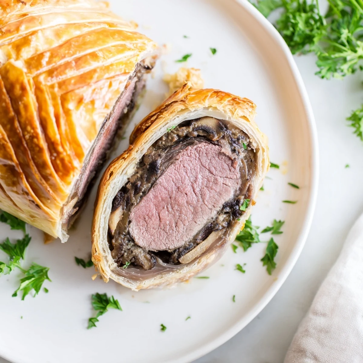 Perfectly baked Beef Wellington with puff pastry, wrapped in prosciutto, presented on a wooden board with fresh parsley garnish.