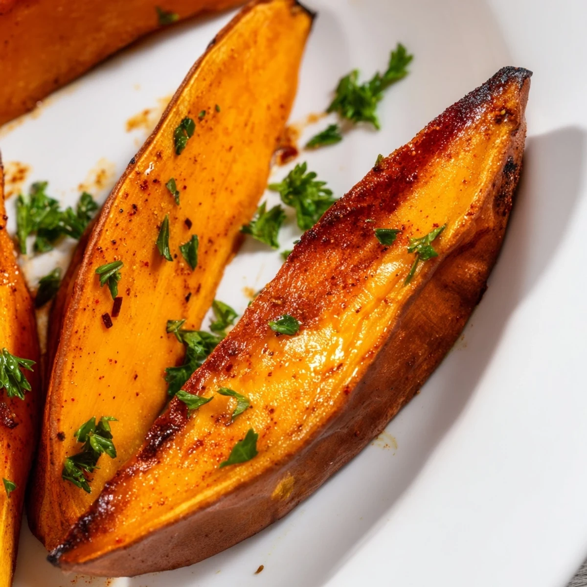 Golden Baked Sweet Potato Wedges with Paprika are sprinkled with fresh parsley and served with lemon wedges on a rustic plate.