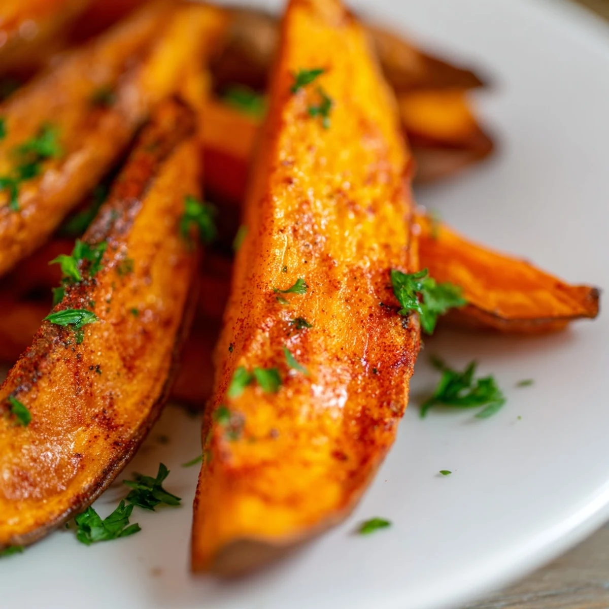 Crispy edged Baked Sweet Potato Wedges with Paprika are plated with a creamy dipping sauce for a savory snack.