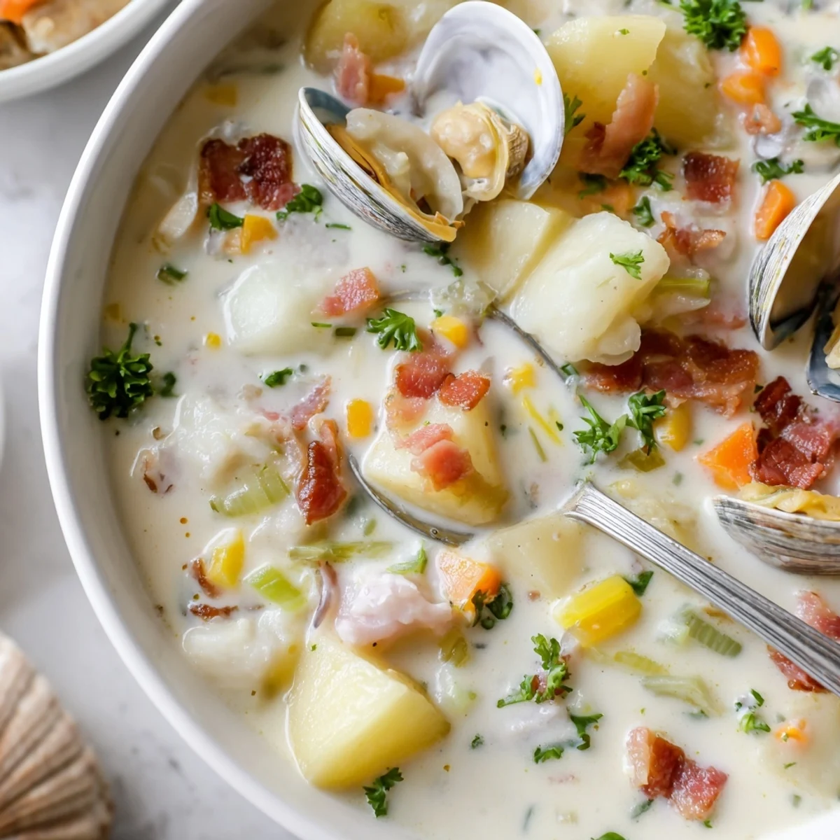 Steaming bowl of Creamy Clam Chowder with Potatoes, featuring tender clams, diced bacon, and fresh parsley garnish.