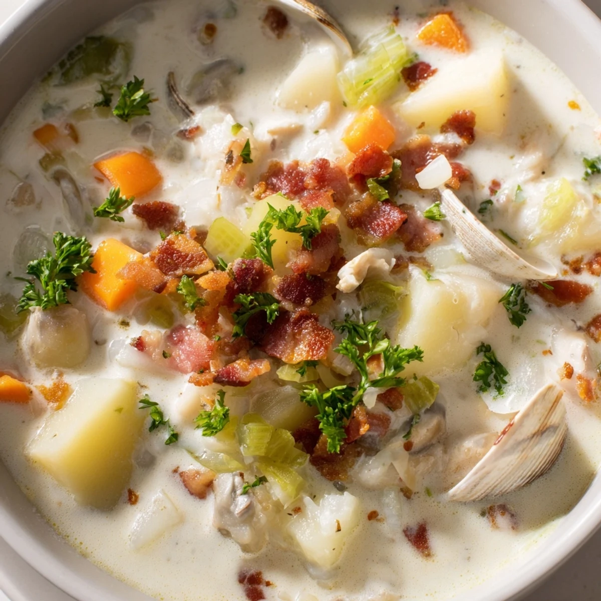 Close-up of Creamy Clam Chowder with Potatoes, showcasing chunky Yukon Gold potatoes and celery in a rich, creamy broth.