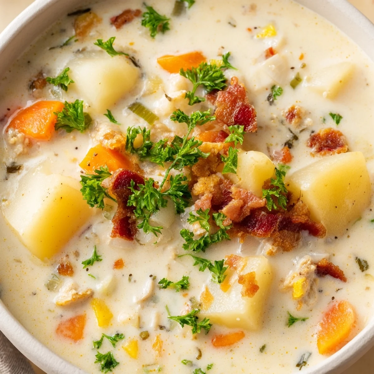 A hearty bowl of Creamy Clam Chowder with Potatoes, served hot with oyster crackers alongside a rustic sourdough slice.