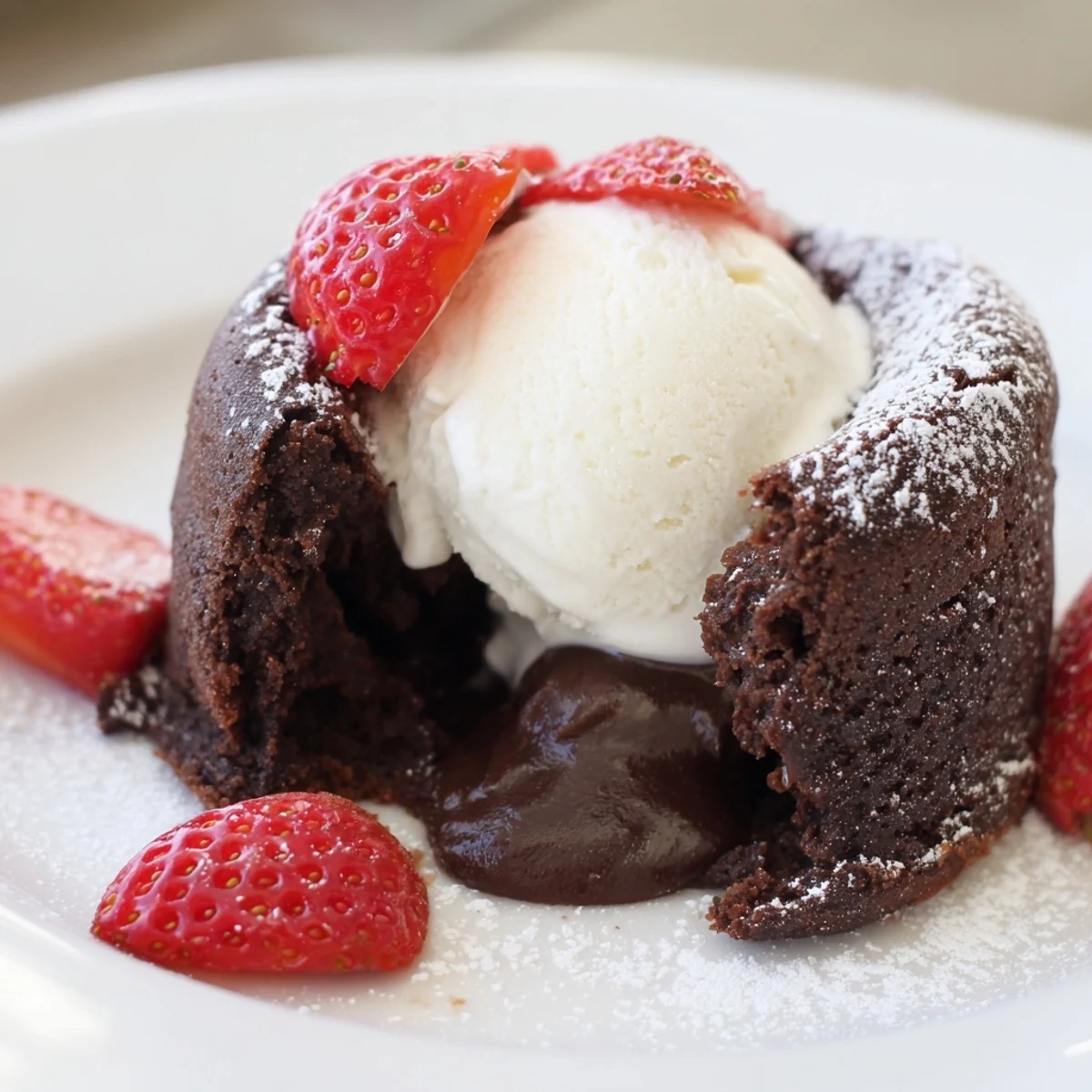 Warm Chocolate Lava Cakes with Molten Center dusted with powdered sugar, fresh berries, and vanilla ice cream on a plate.