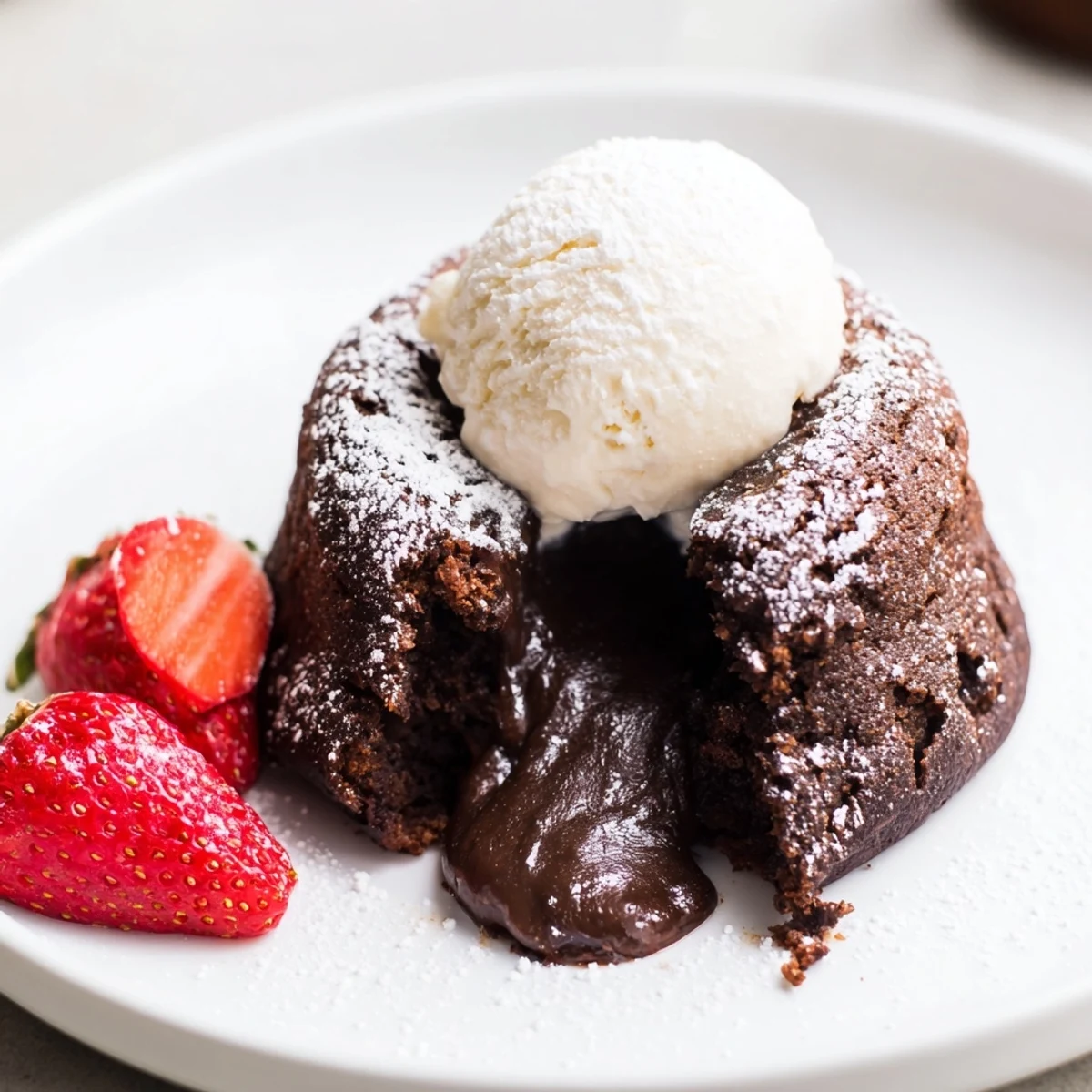 Fork gently breaking into a Chocolate Lava Cakes with Molten Center, revealing a rich, gooey chocolate sauce pooling on the dish.