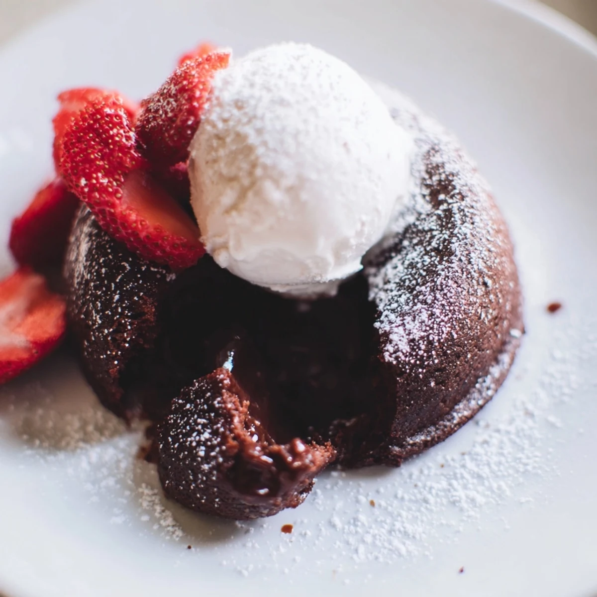 Freshly baked Chocolate Lava Cakes with Molten Center served warm in a ramekin with a side of red strawberries and cream.