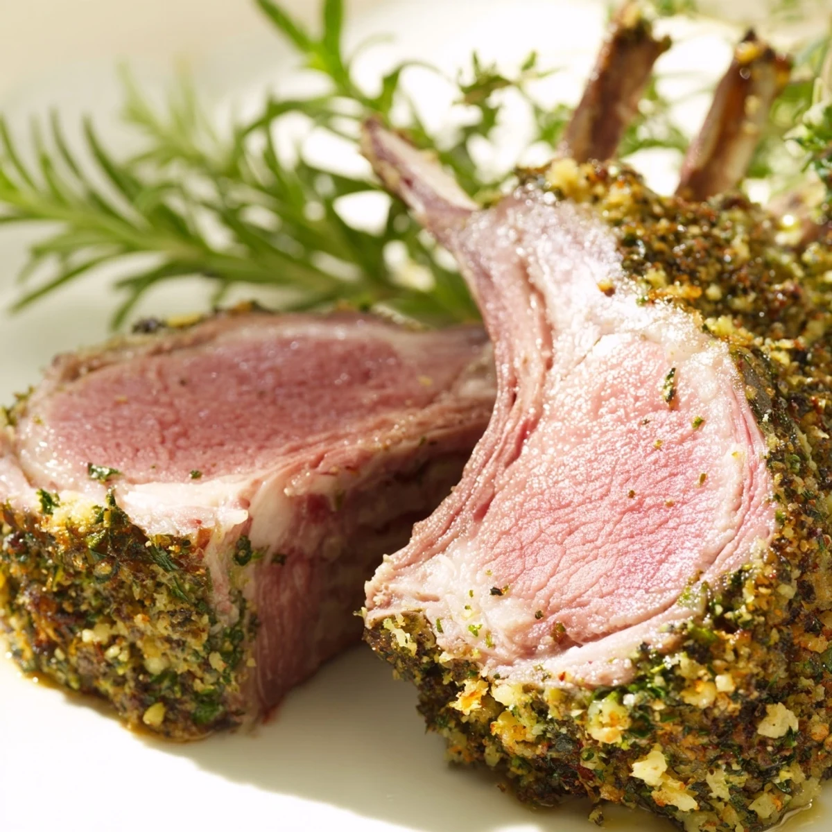 A plated Herb Crusted Rack of Lamb with a golden, herby crust and lemon wedges on a rustic wooden table.