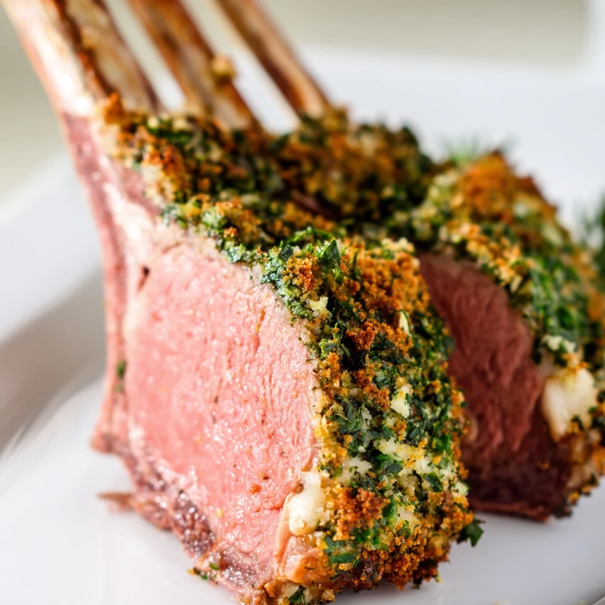 Medium-rare Herb Crusted Rack of Lamb sliced into chops, showcasing juicy pink meat and a flavorful mustard herb coating.