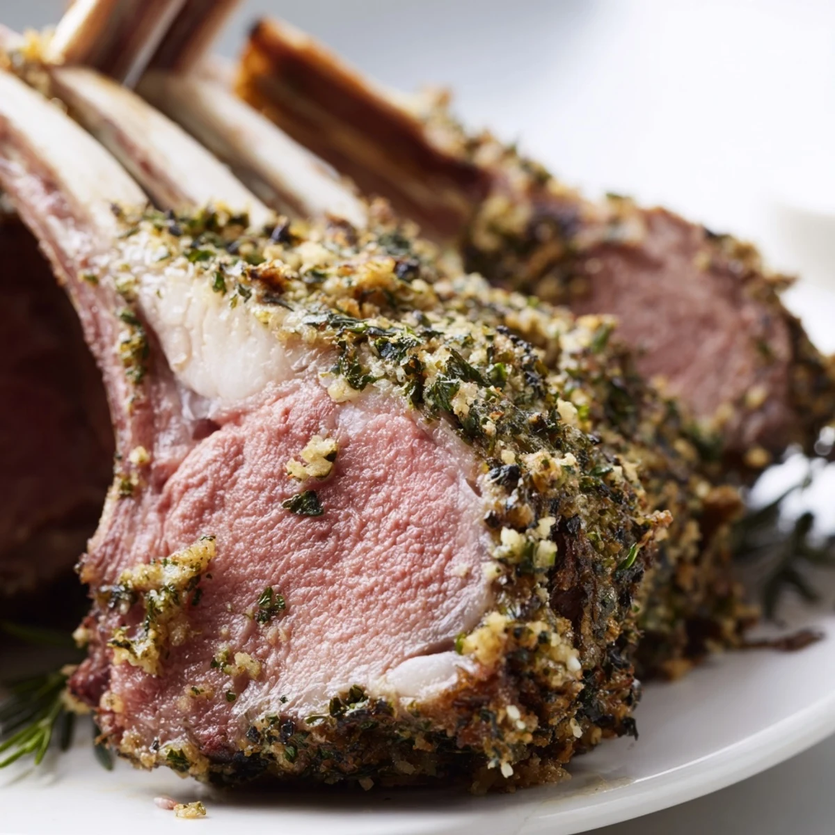 Fresh Herb Crusted Rack of Lamb served with roasted vegetables and a glass of red wine for a French-inspired dinner.