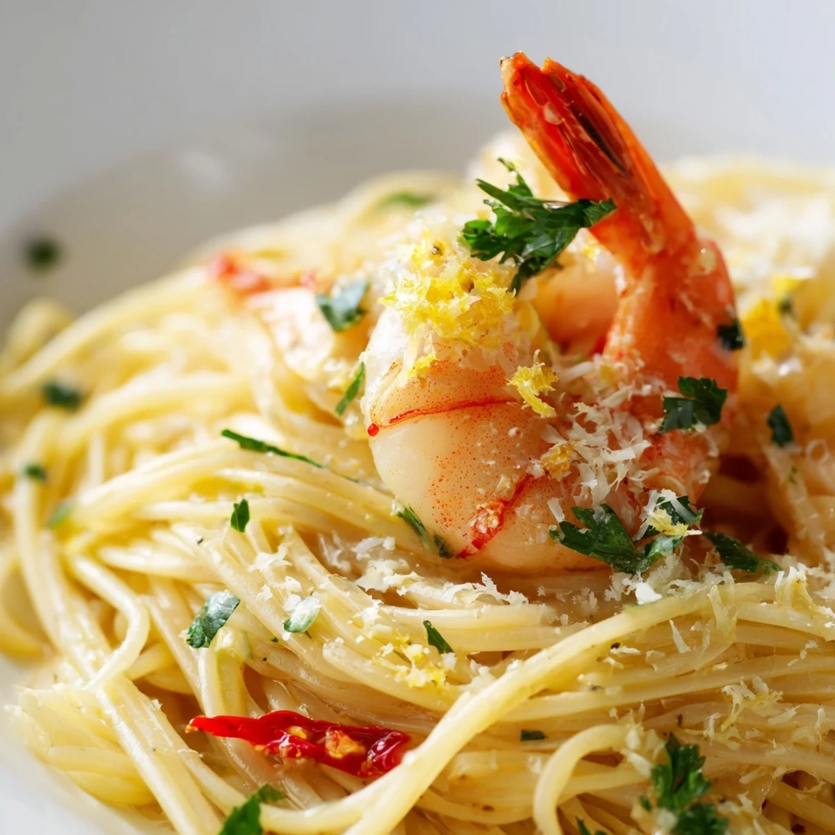 Garlic Butter Shrimp Pasta with Chili sautéed in a skillet with garlic and red chili flakes, served over al dente spaghetti.