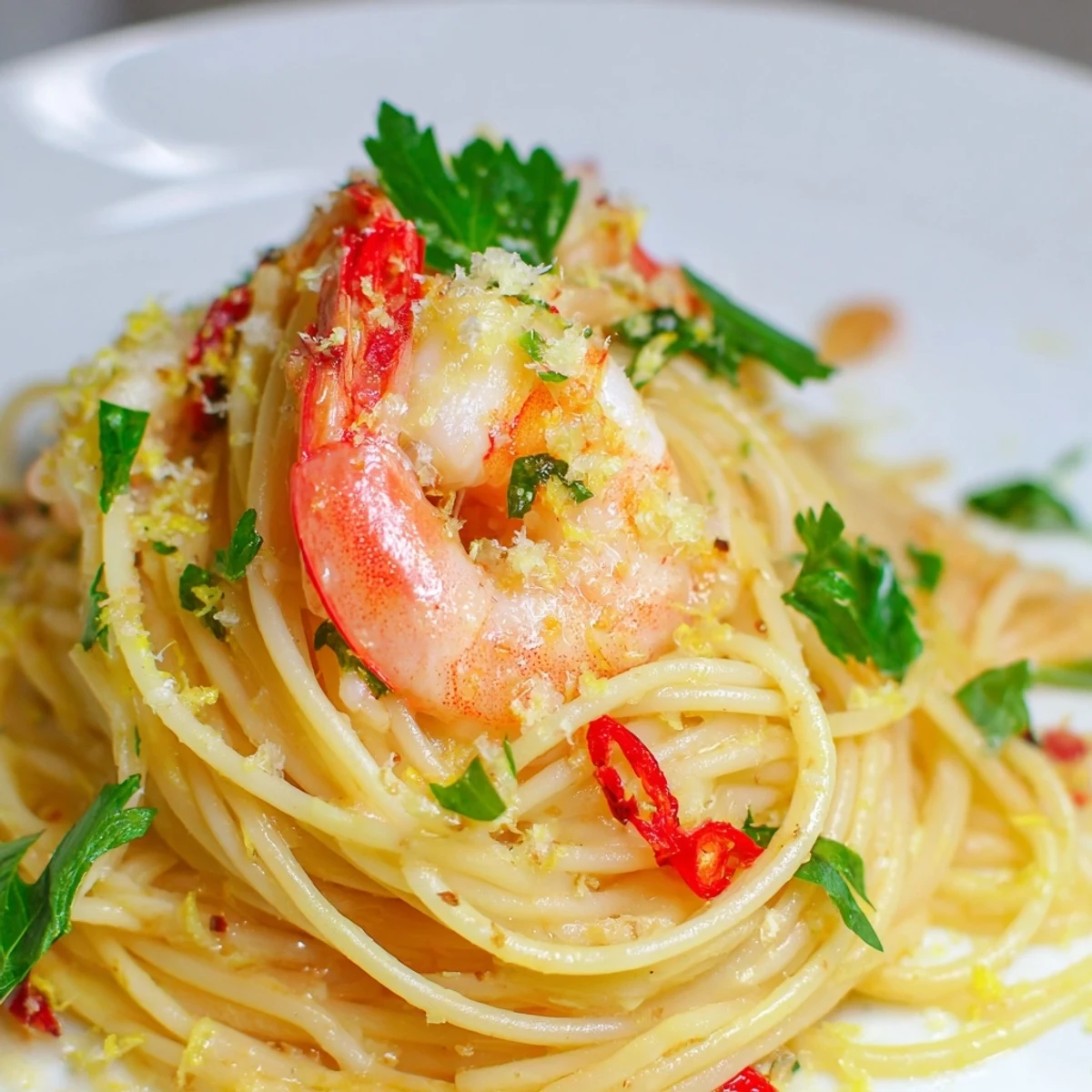 A close-up of Garlic Butter Shrimp Pasta with Chili garnished with fresh parsley, lemon zest, and a wedge on the side.